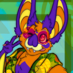 An illustration of an orange and purple anthropomorphic fruit bat wearing round sunglasses, sticking her tongue out and making a peace sign.